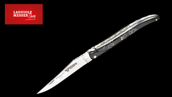 Laguiole en Aubrac Ebony/Onyx Taschenmesser mit goldenen Messingintarsien & handgravierten Platinen